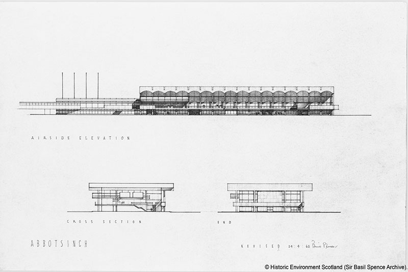 Elevations and sections drawing of Glasgow airport by Spence Glover and Ferguson