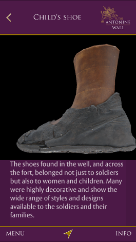 A screenshot from the Antonine Wall mobile app showing a digital reconstruction of a grey leather Roman shoe.