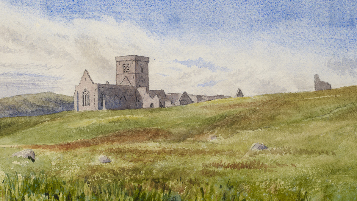 An artist's impression of Iona Abbey. A painting shows an abbey sitting in front of a distant hill. In the foreground there is brown heather and four rocks. 