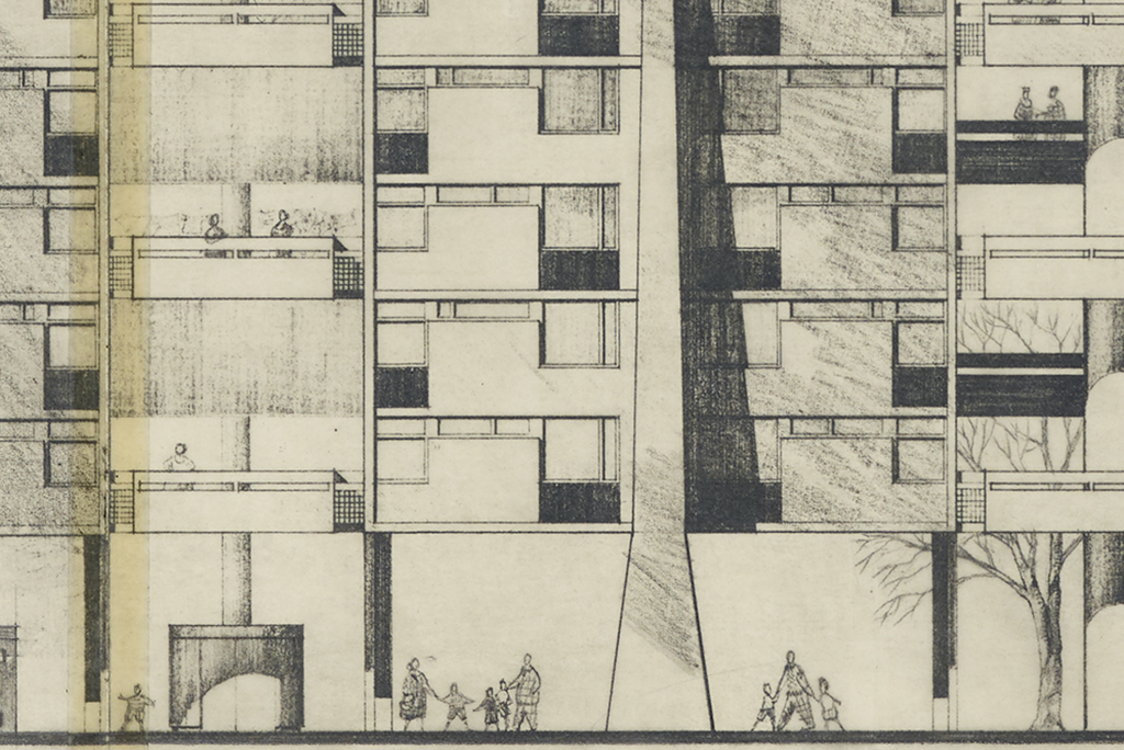Detail from an architect's plan of high-rise flats. At ground level parents and children are heading out for the day. On the balconies above some neighbours are chatting .