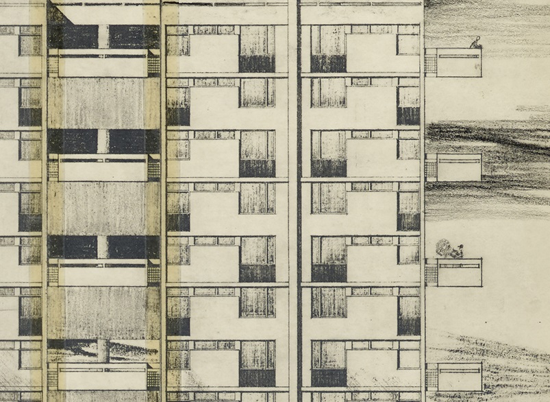 Detail from an architect's plan for high rise flats. A man is tending to his plants on one of the balconies. 