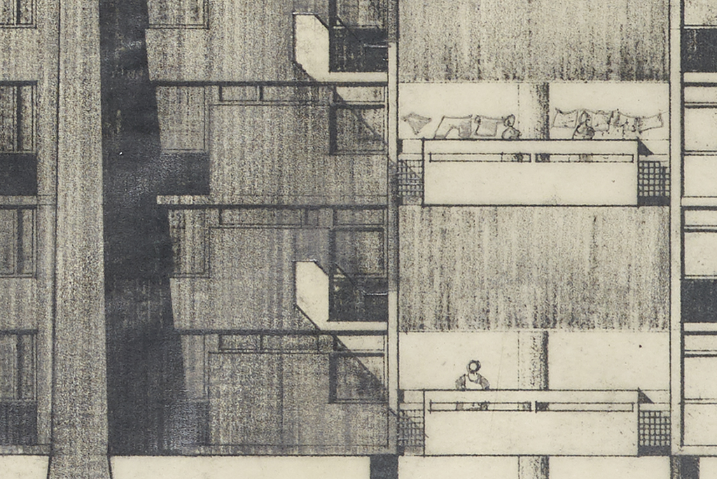 Detail from an architect's plan showing a lady hanging out laundry on her balcony. A second lady is having a conversation with her from the balcony below. 