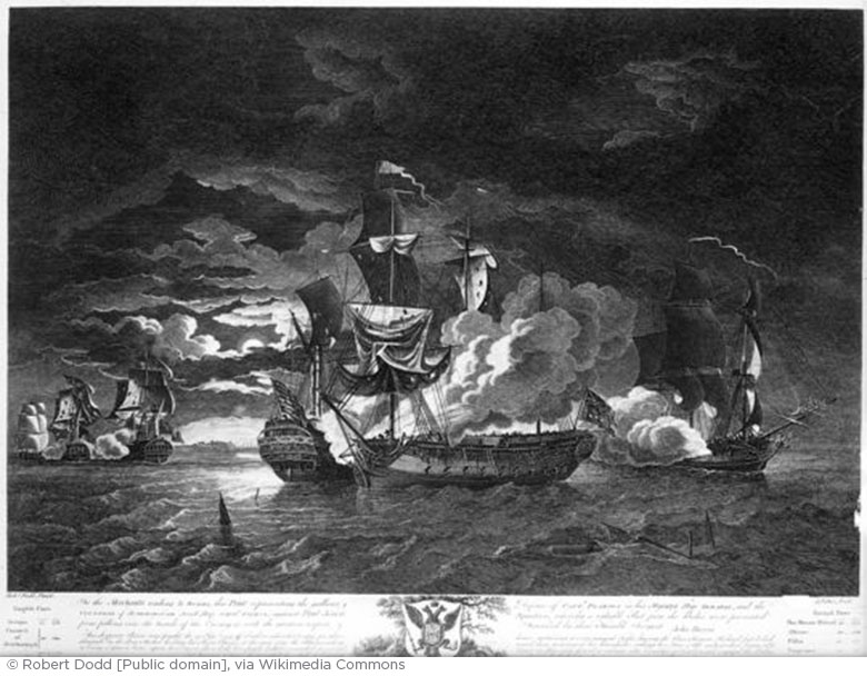 An artist's interpretation of HMS Serapis, an 18th-century warship. It is shown at sea with 3 other ships. They appear to be engaged in battle. The sky is dark and the sea rough creating a dramatic effect. Some debris appears to be floating in the water. 