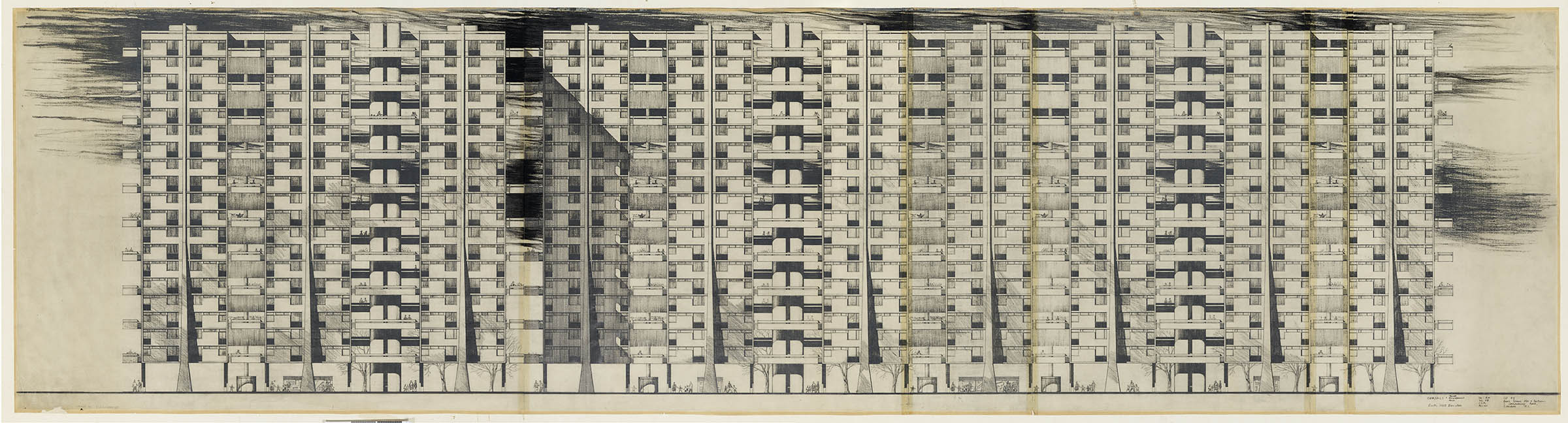 Plans for housing in 1960s Glasgow. The plans show 4 interconnected 10-storey tower blocks. There are many intricate details including would-be occupants of the flats shopping, gardening and hanging out laundry. 