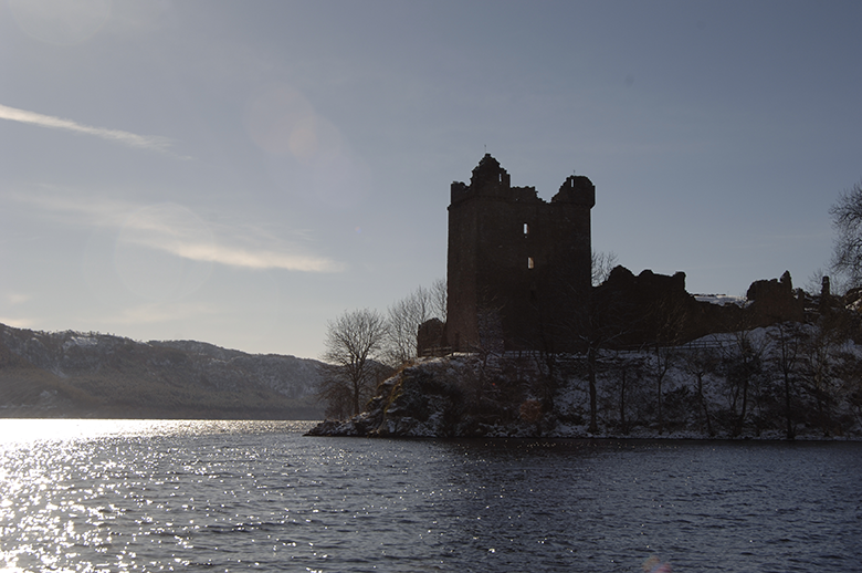 Urquhart Castle on the banks of Loch Ness at twilight
