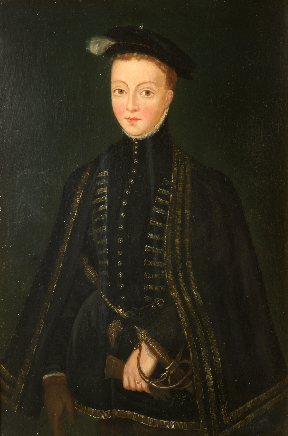 A portrait of a young Lord Darnley. He is dressed in a black and gold outfit with a black hat. he has short red hair and is wearing a sword at his waist. 