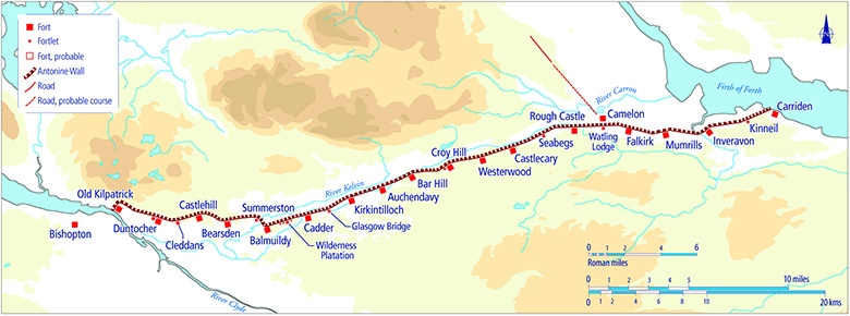 A map showing the Antonine Wall stretching from the Clyde to the Firth. 