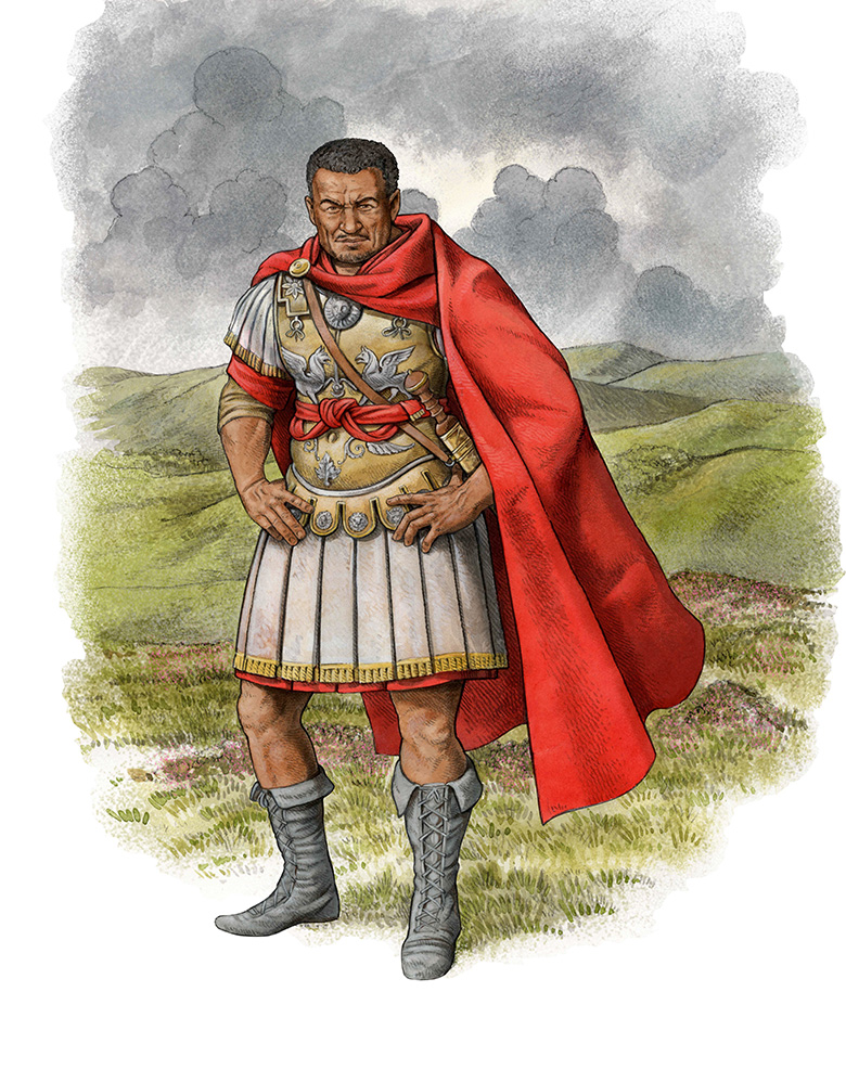A soldier wearing Roman military uniform consisting of armour and a long red cape. 