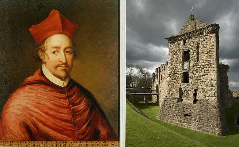 A portrait of Cardinal Beaton in his robes beside a photo of St Andrews Castle