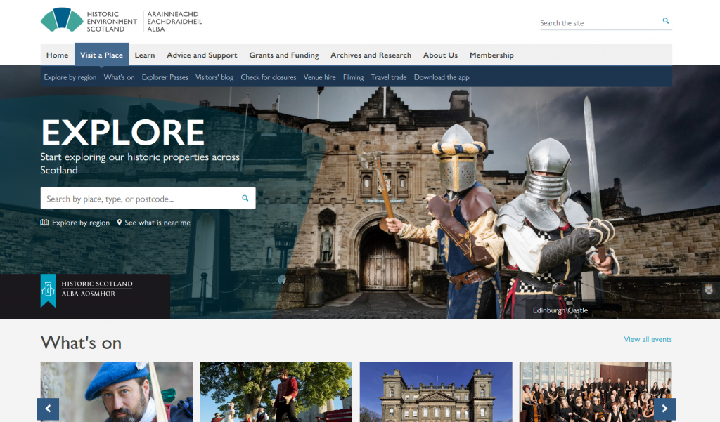 The 'visit a place' section of the new HES website
