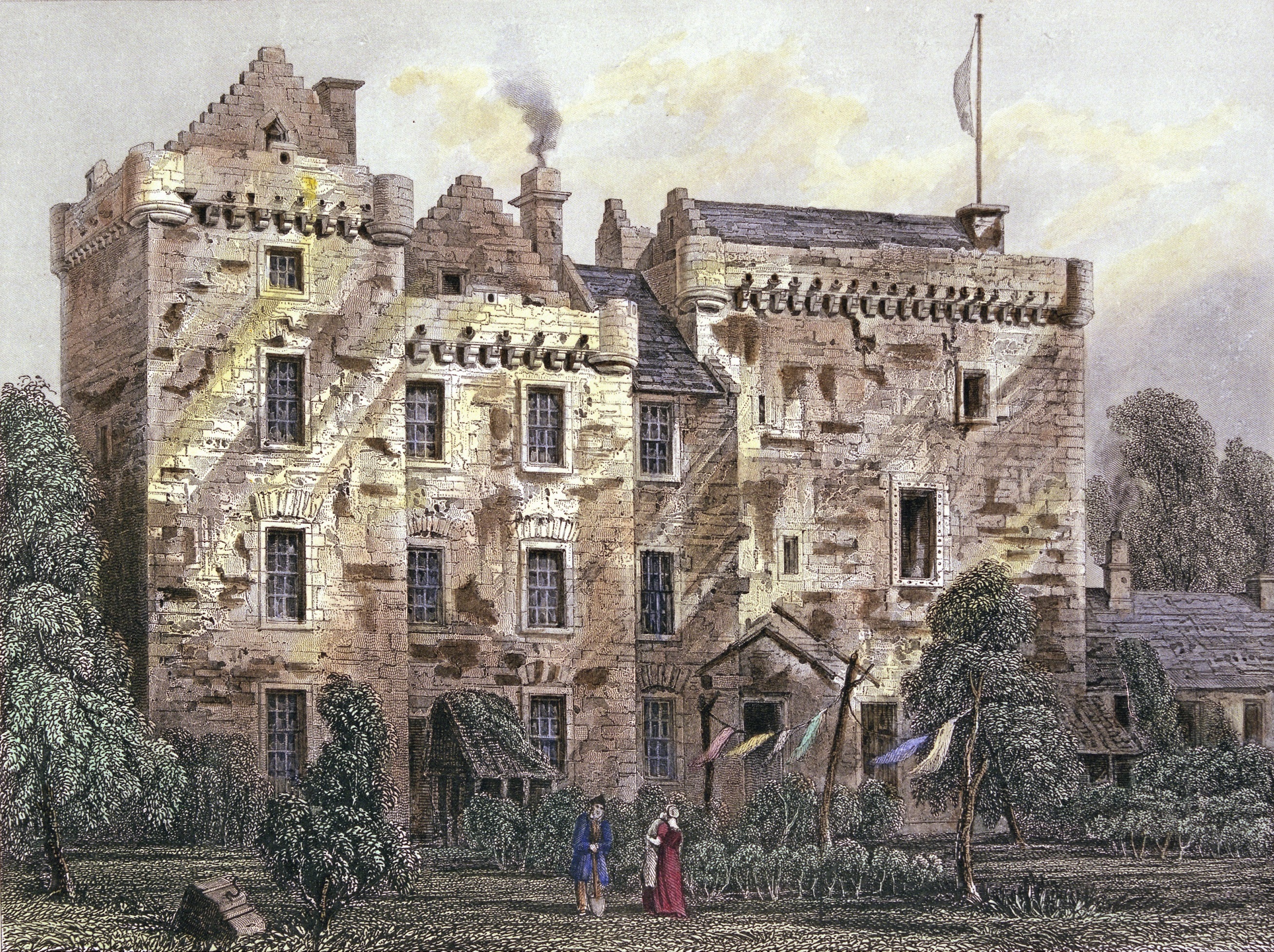 A painting of a castle as it may have appeared in medieval times with smoke billowing from the chimneys two figures walking through the gardens