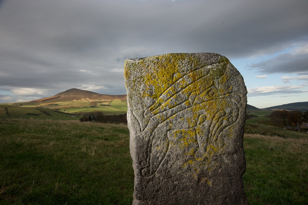 General view of the Craw Stane, standing in a field on the farm of Mains of Rhynie. This Class I Pictish stone is incised with the symbols of a fish and a Pictish beast. In the distance, behind the stone, can be seen the hillfort of Tap O North.