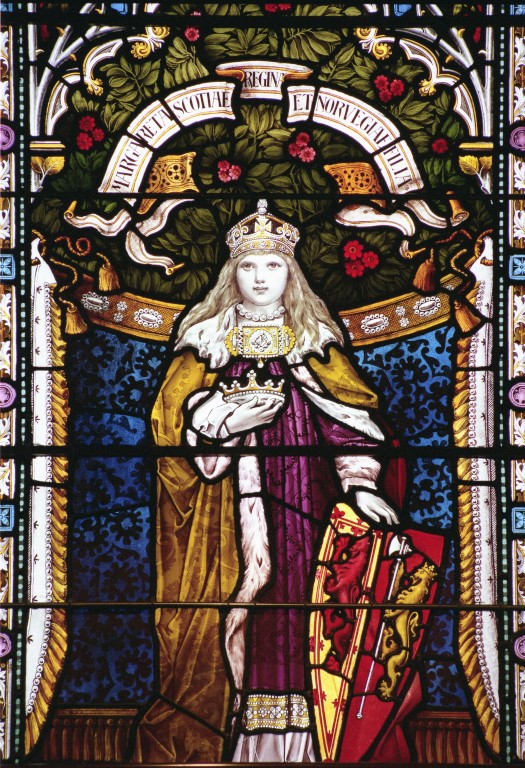 A colourful stained glass window showing a young girl with long blonde hair. She is wearing purple and gold robes and holding a gold crown. Another crown is already on her head.