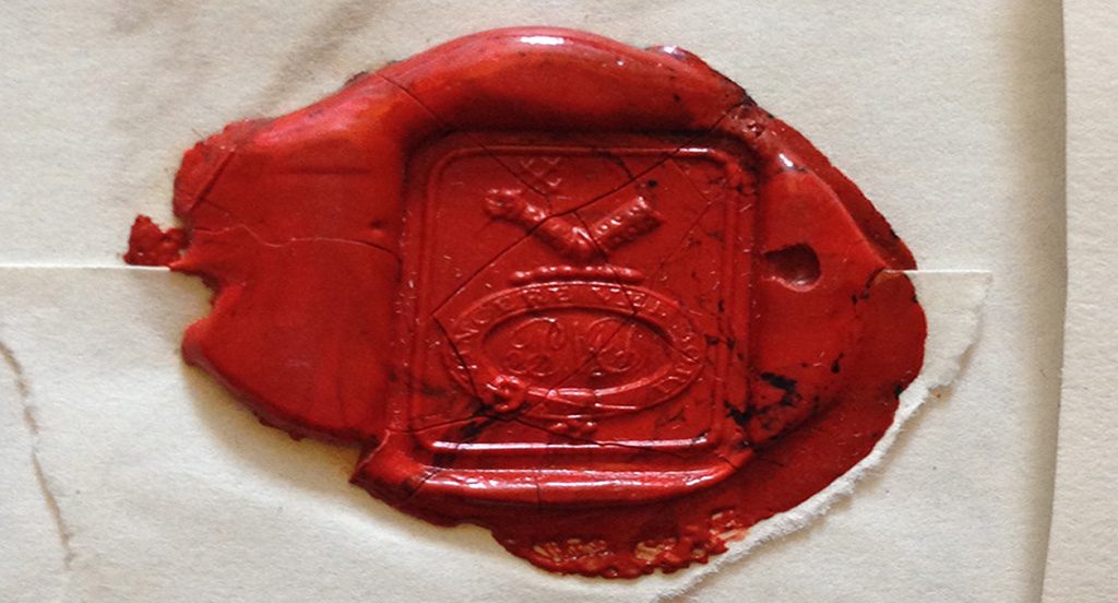 A red wax letter seal from one of the letters on display at the My Dear Papa exhibition.