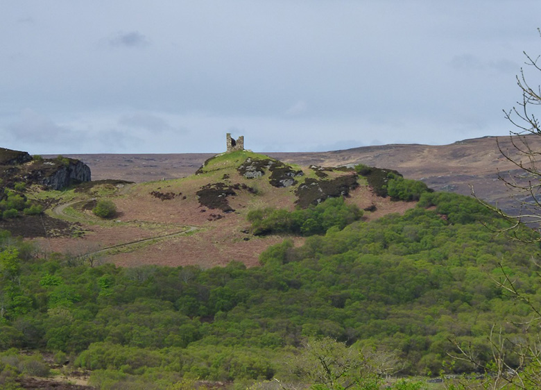 A general view Caisteal Bharraich showing its prominent position on a hill above Tongue