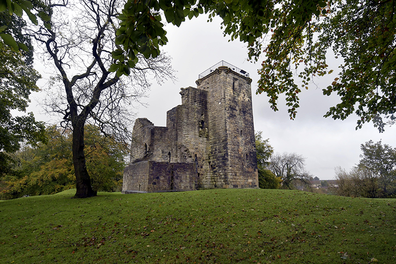 A robust-looking castle ruin on a hilltop surrounded by trees