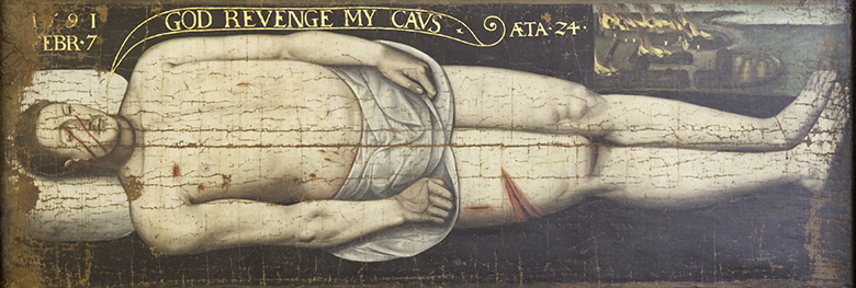 Painting of a young man laid out on a slab, wearing only a loincloth. He has injuries to his face and right thigh. THe words "God revenge my cause" are painted in gold at the top of the canvas.
