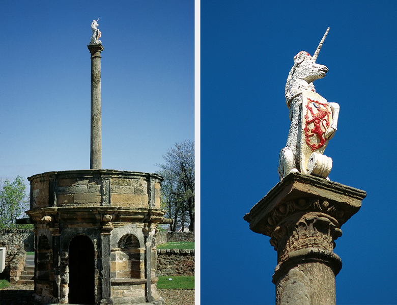 Two views of Preston Market cross. THe first shows the entire structure - a small round base with a tall column and a unicorn carving on top. THe second image shows a close up of the carved unicorn. It is painted white and carries a shield with a red lion rampant. 