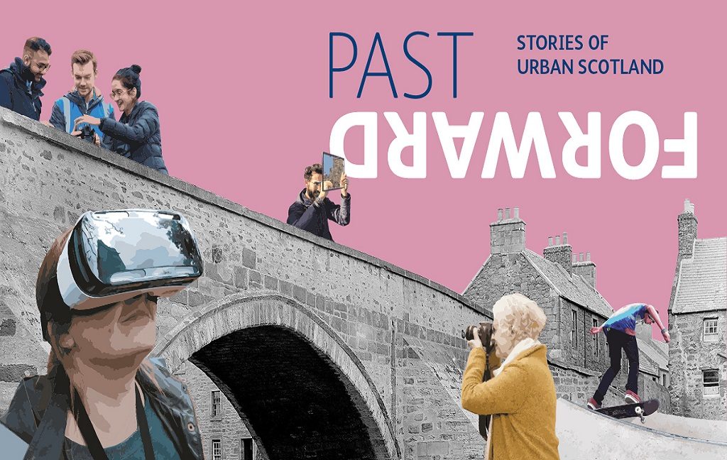 A graphic designed to advertise the Past Forward exhibition. Various characters of all ages and backgrounds are shown using digital technology in front of archive images of a bridge and urban buildings.
