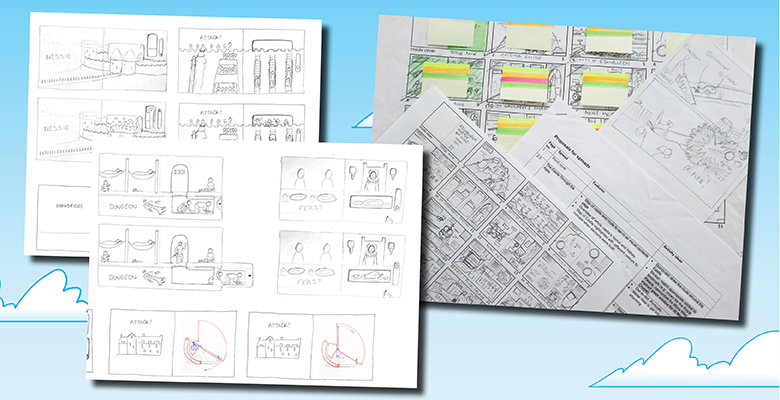 Three pages of early diagrams imagining how the Scottish Castles pop-up book might look