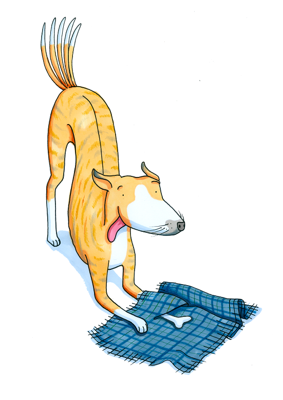 A cartoon of an orange dog used for the Easter event, playing with a tartan blanket. 