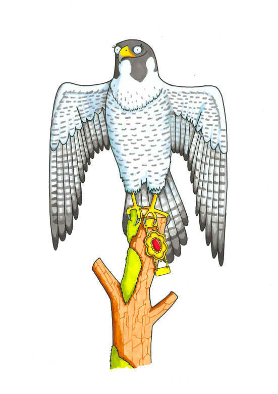 Cartoon of a falcon perched on a tree stump. It carries a gold and red antique-looking necklace.