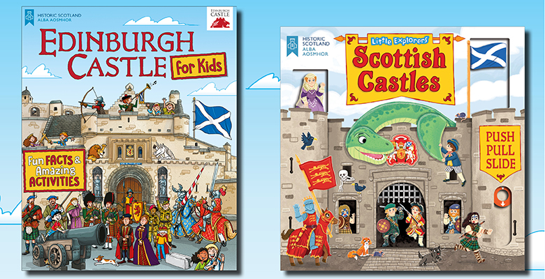 The front covers of Edinburgh Castle for Kids and Little Explorers: Scottish Castles. Both feature an illustration of a castle with various colourful characters inside. 