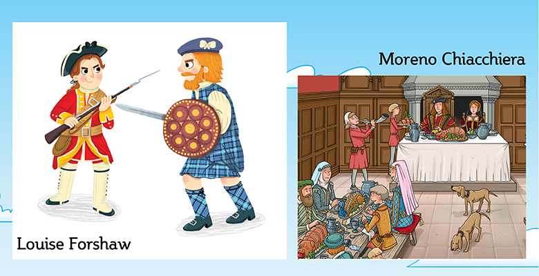 Illustrator samples of a Georgian-era soldier in red and yellow uniform, a kilted soldier with a sword and round shield and a banquet scene inside a Great Hall. 