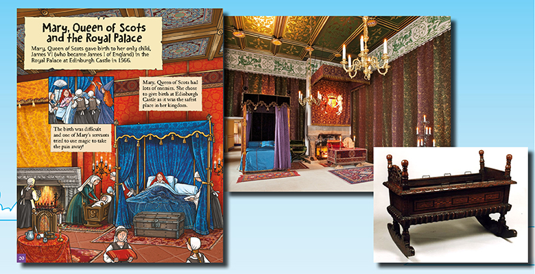 Photographs of the Royal Palace in Edinburgh Castle alongside an illustration of Mary Queen of Scots' room showing how the photos influenced the artwork.