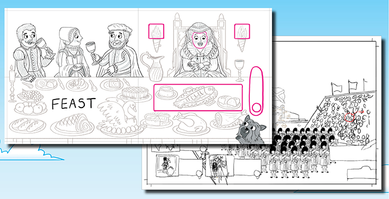 Initial drawings of a banquets featuring Mary Queen of Scots for use in a pop-up book.