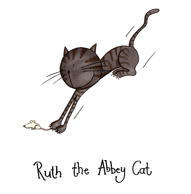 A cartoon of a black cat attempting to catch a white mouse