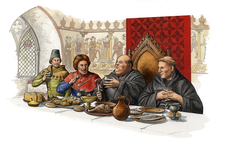 Illustration showing an Abbot eating in guesthouse around 1250, Dunfermline Abbey and Palace.