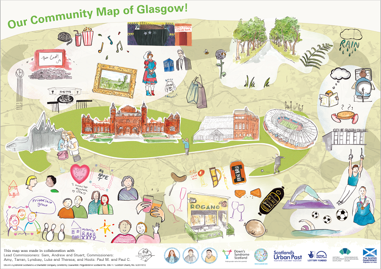 An alternative community map of Glasgow showing spots which mean most to members of Downs Syndrome Scotland 