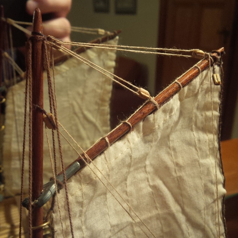 Close-up photo of the sails on a model ship