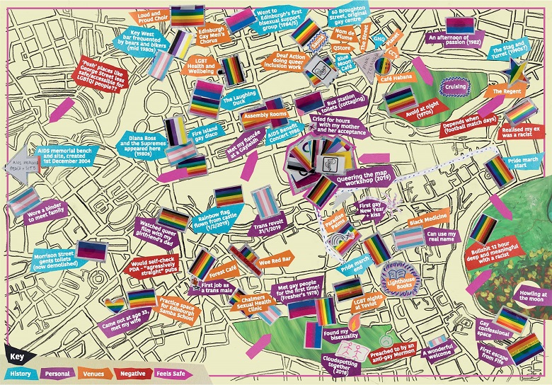 A community map of Edinburgh with labels denoting locations important to the LGBT community