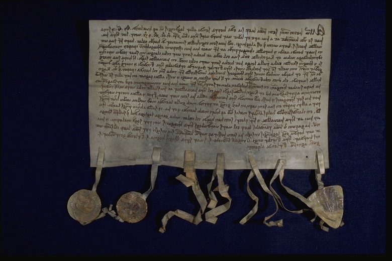 A medieval document is written on parchment with a number of wax seals.