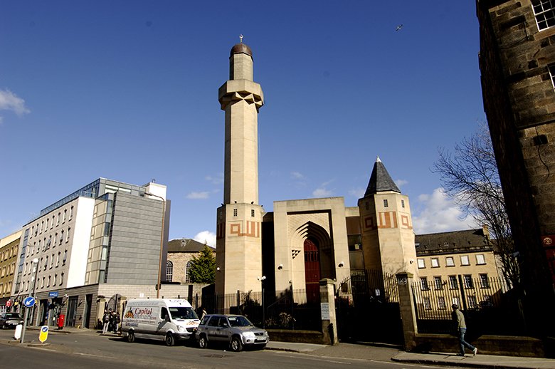 View of Edinburgh Central Mosque. I is a relatively new building with minaret and large entrance