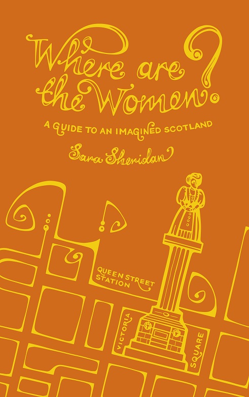 The front cover of the Where Are the Women? book. It is orange with gold text and an illustration of a street map featuring a monument 