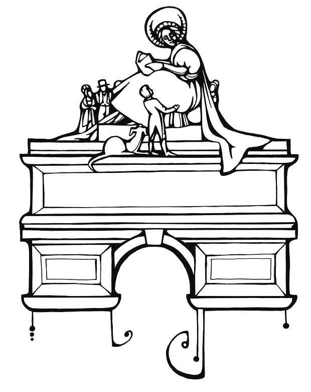 A black and white illustration of the imagined Ferrier Monument. It is a grand stone arch topped with a statue of a lady holding a book. Around her feet are numerous smaller figures including Walter Scott and a dog. 