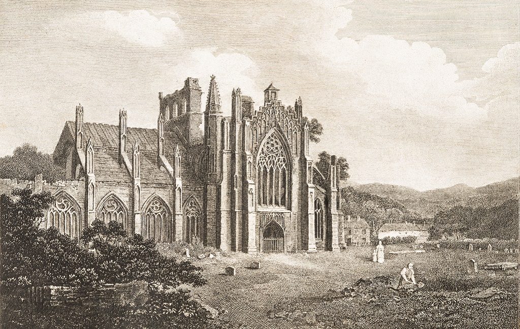 An antique engraving of visitors at the ruins of Melrose Abbey