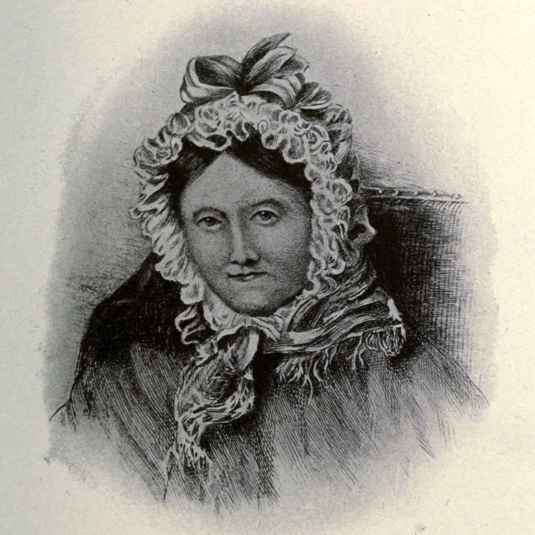 Black and white illustration of a middle aged woman wearing a shawl 