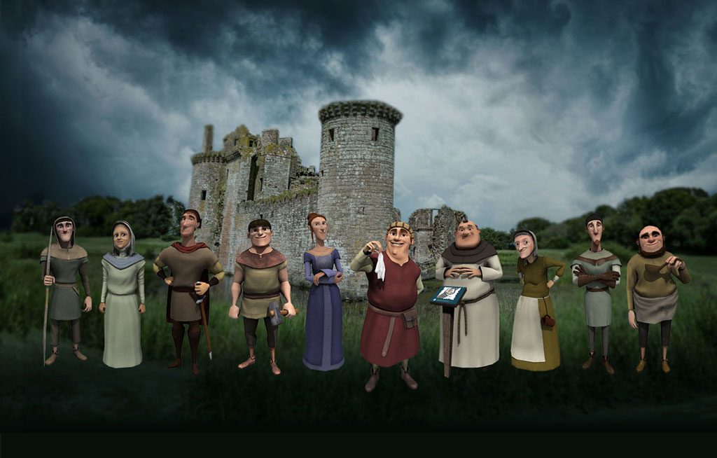 Cartoon characters stand in front of a castle with a moody sky behind them