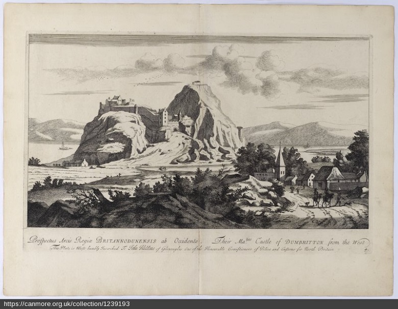 Antique print of a castle on a large rock, overlooking a small town