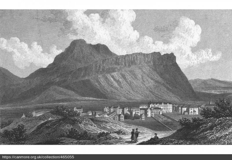 Illustration of Holyrood Park in Edinburgh showing Arthur's Seat and Salisbury Crags with houses and figures in the foreground