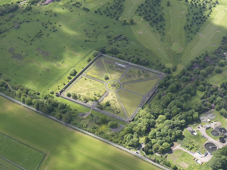 Aerial view of a symmetrical walled garden 