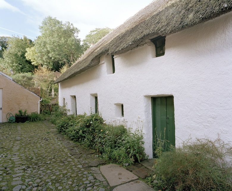 A white thatched cottage with green doors and plants growing around its walls 