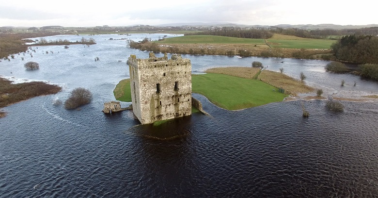 Threave Castle, completely surrounded by water, effects from climate change