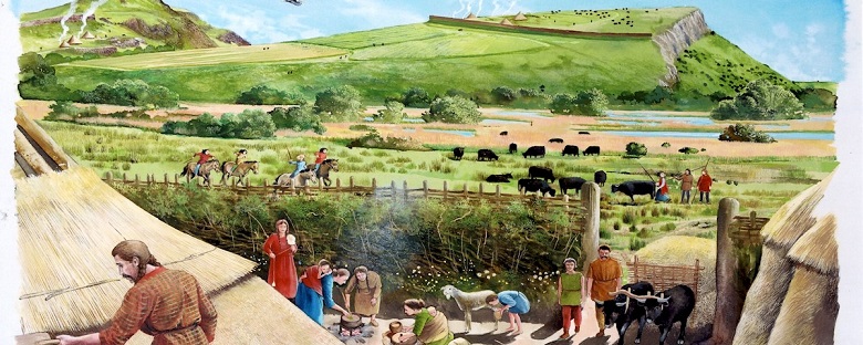 Artist's impression of a historic settlement in Holyrood Park populated by people and animals 