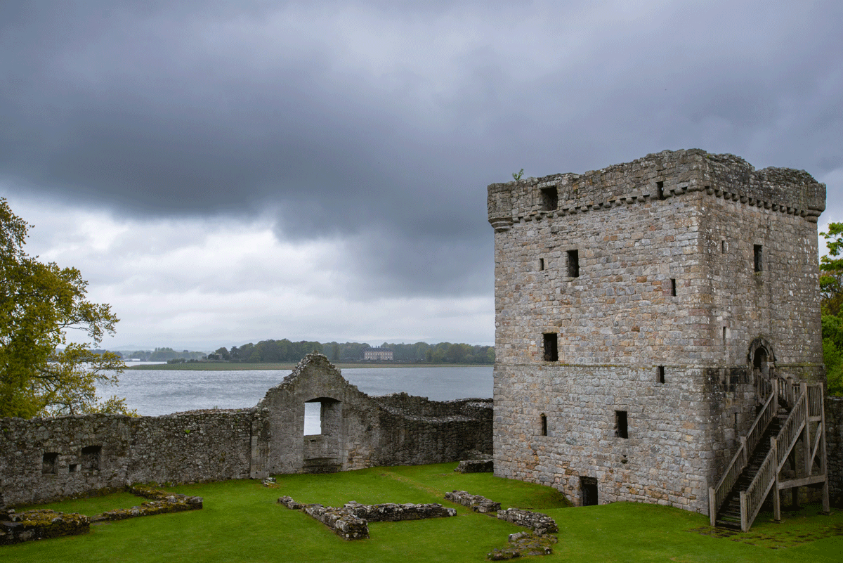 View from the wall of Lochleven Castle overlookin the main tower and the Loch
