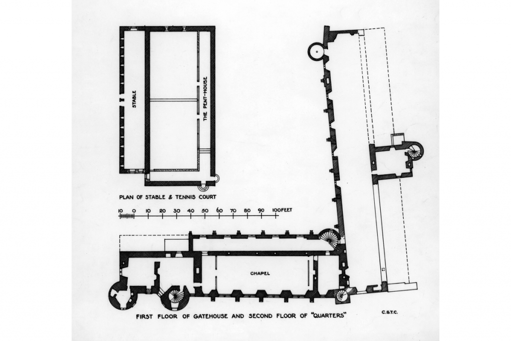 A floorplan of the stable and tennis court, chapel and gatehouse.